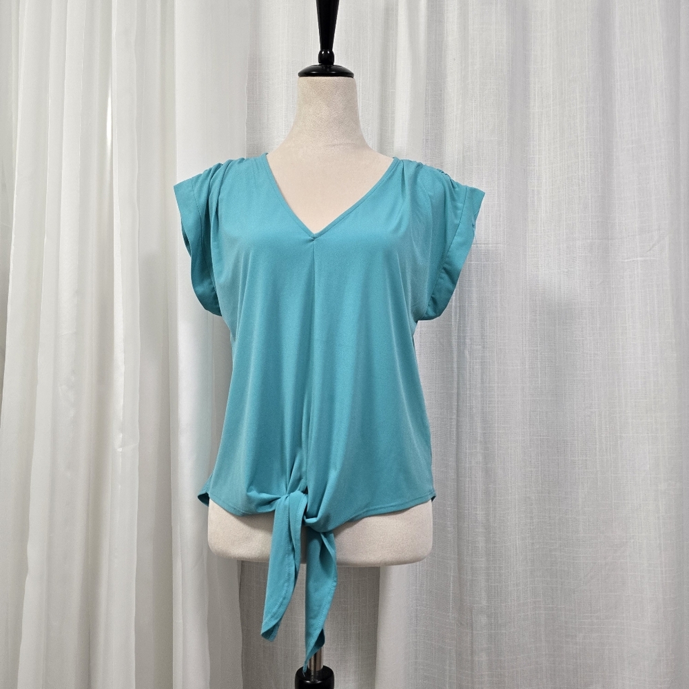 Retro Women's Teal V-Neck Tie-Front Top Liquid Knit Summer Spring‎ Vacation